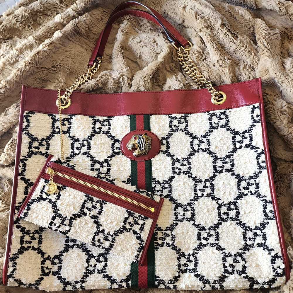 Authentic Gucci - Rajah Tote Bag & Coin Purse - Red & Cream w/ Monogram Design
